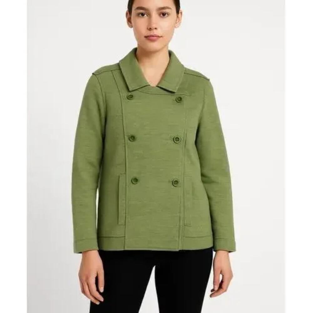 Eileen Fisher Merino Wool Blend Double Breasted Peacoat Jacket Olive Green S